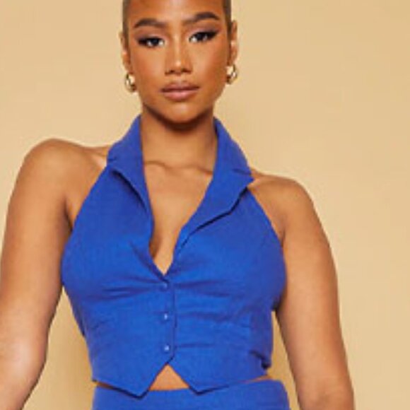 Blue Linen Look Halterneck Waistcoat + Straight leg Pants - Size 8 - Picture 2 of 3